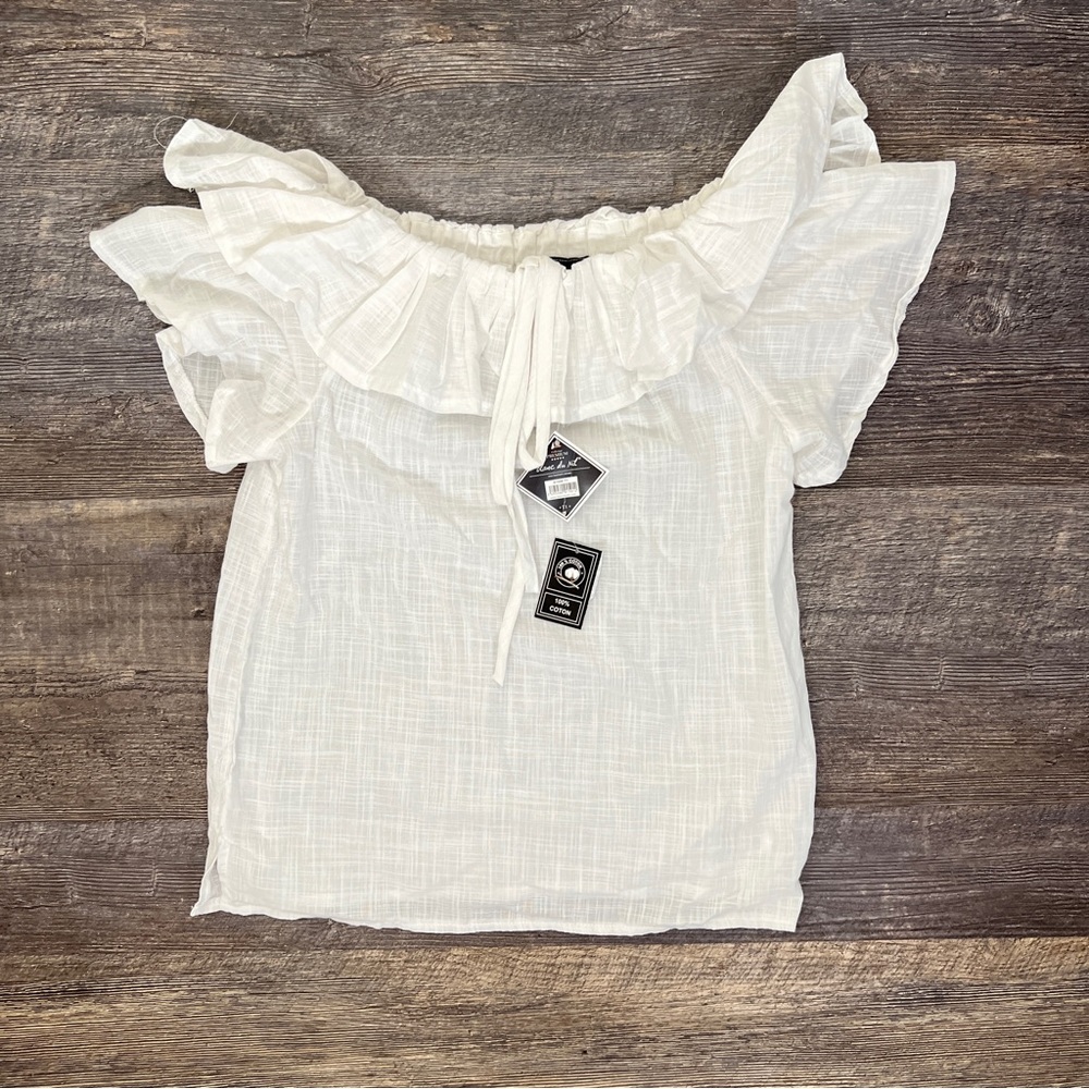 NWT Blanc du Nil White Ruffled Off-Shoulder Top Shirt Blouse size medium B136